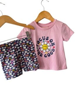 Arie by Ariela Pink Daisy "Focus On The Good" Top Navy Rainbow Daisy Shorts